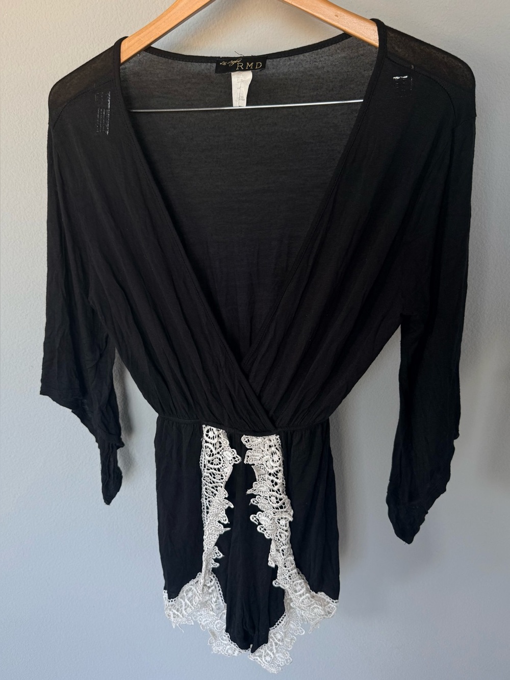 RMD Black Lace Trim Romper S • V‑Neck • Long Sleeve • Y2K Witchy Goth Festival
